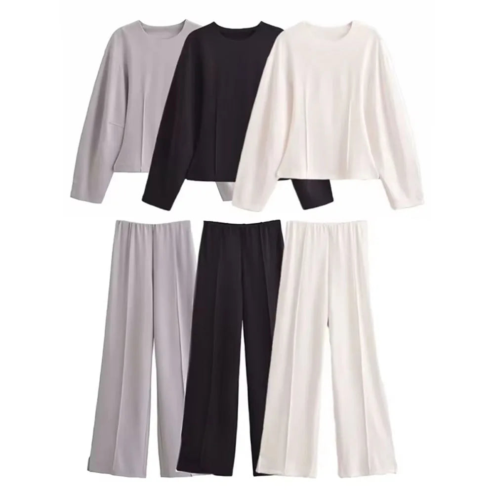HH Women's 2-Piece Set Fashion Slimming Double-Sided Fabric Round Neck Long-Sleeve Top+Elegant Stretch Casual Wide Leg Pants