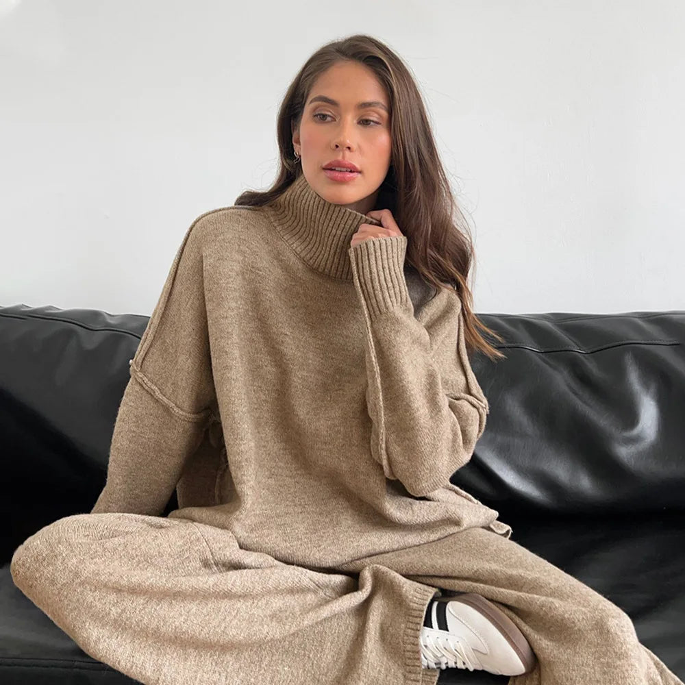 Women's Autumn and Winter New Fashion Relaxed Leisure Lazy Thick Knit Two-piece Set High Collar Slit Sweater + Long Pants Suit