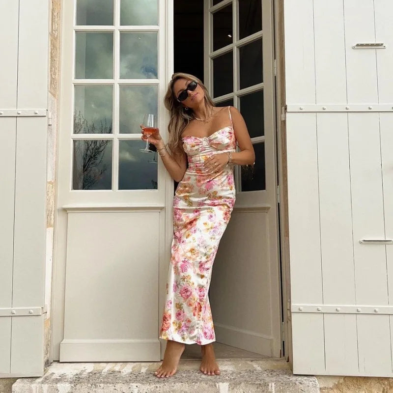 Floral Midi Dress with Spaghetti Straps and Side Slit – Summer 2025