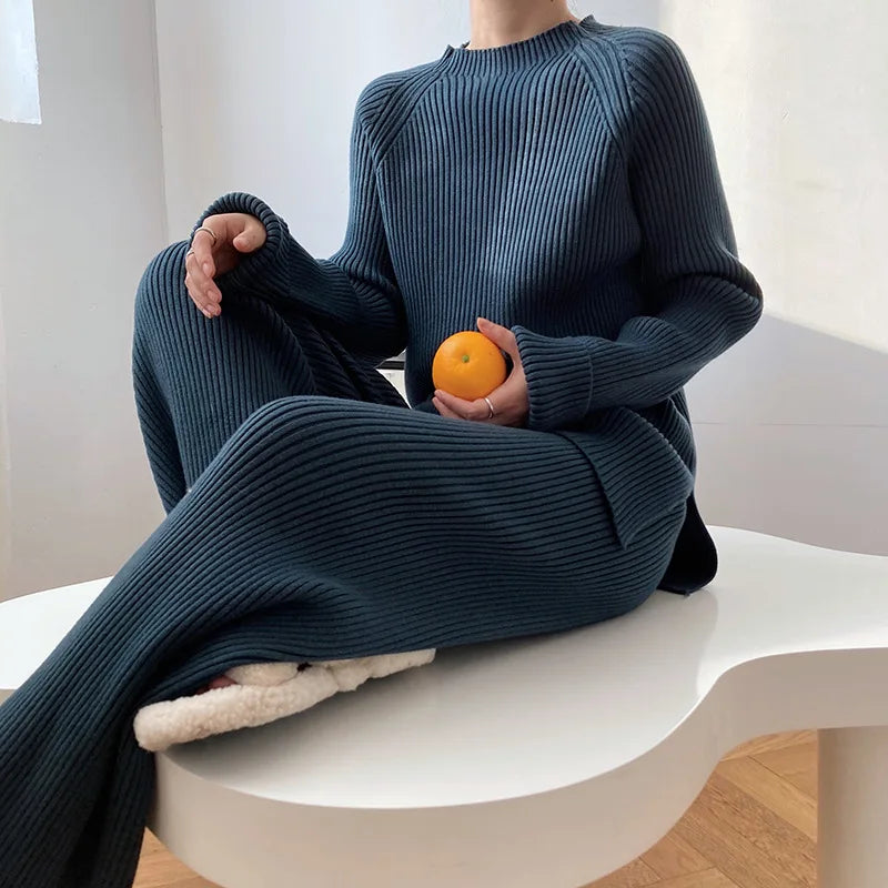 Version Of Fashion Casual Retro Winter Clothing New Warm Open Sweater Set Knit Wide Leg Pants Lazy Two-Piece Women's Suit Z290