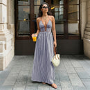2026 Summer New Style Deep V-neck Striped Beach Dress, Sexy Backless Sleeveless Neckline Long Dress
