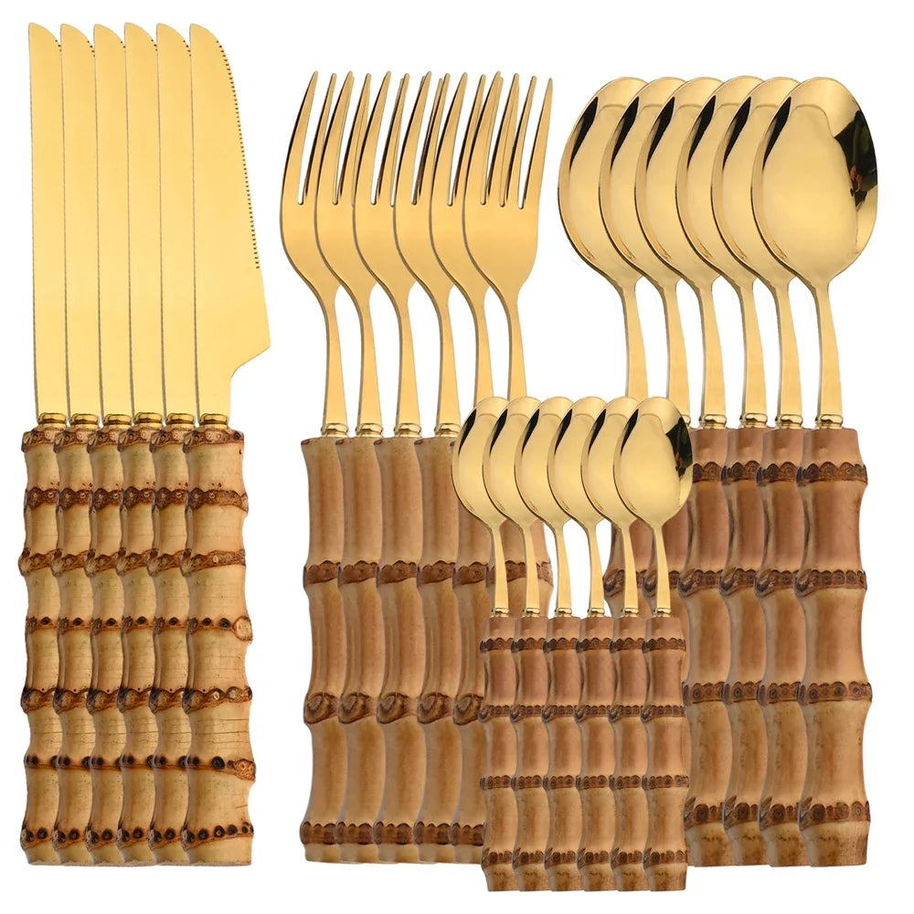 24-Piece Bamboo Handle Cutlery Set – Eco-Friendly Stainless Steel Dinnerware