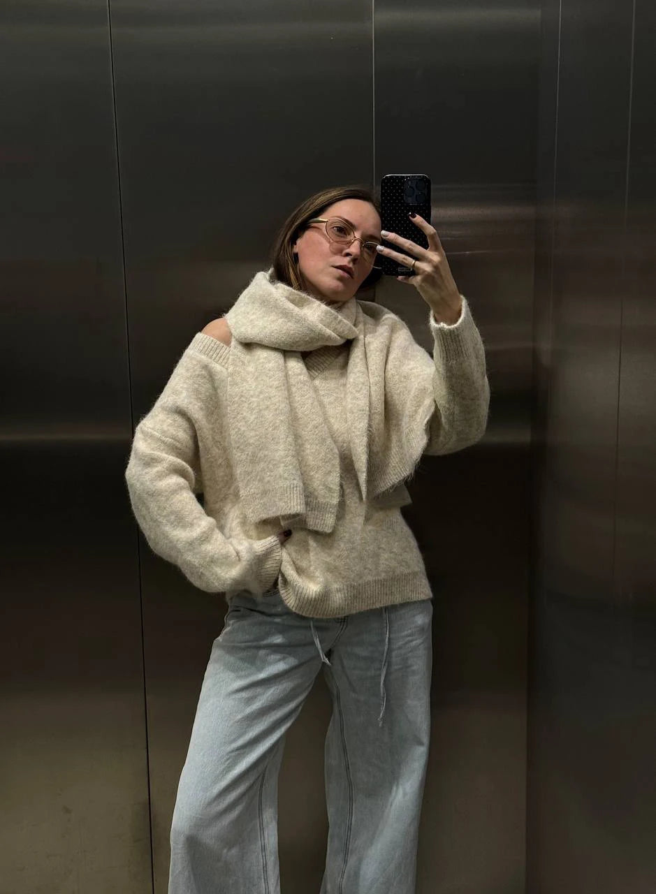 Hirsionsan 2025 New Soft Loose V Neck Knitted Sweaters Women Winter Solid Female Pullovers & Scarf Warm Basic Knitwear Jumper