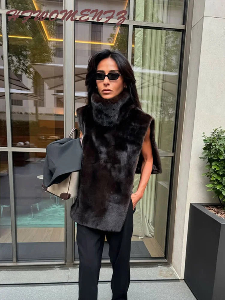 Faux Fur Sleeveless Women Waistcoat Furry High Collar Loose Lady Tank 2025 Autumn Winter All Match Solid Soft Warm Female Vest