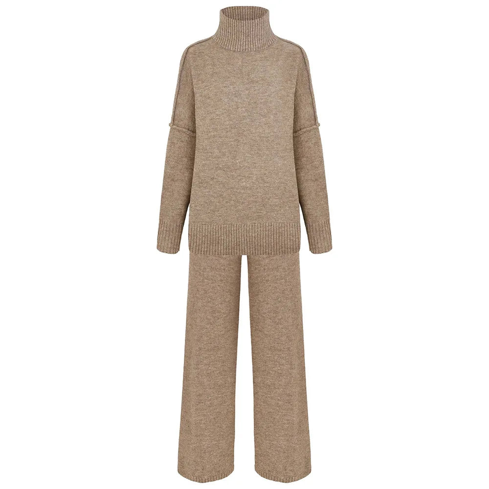 Women's Autumn and Winter New Fashion Relaxed Leisure Lazy Thick Knit Two-piece Set High Collar Slit Sweater + Long Pants Suit