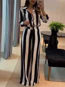 Conjunto elegante de duas peças com riscas: camisa com bolso + calças pantalona