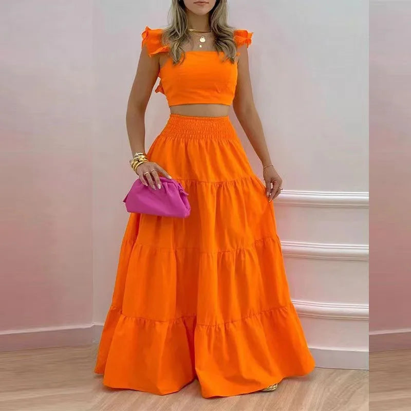 Women's 2-Piece Set – Crop Top + Maxi Skirt – Elegant Casual Outfit