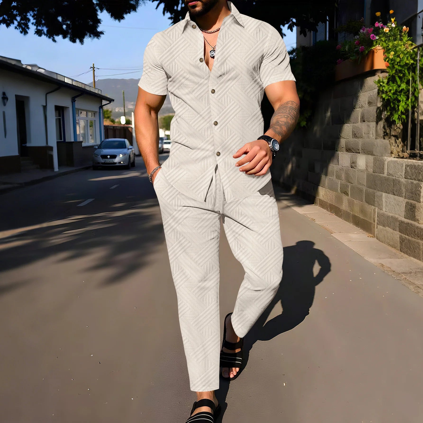 Men's Casual Long Pants Set – Short Sleeve Shirt for Spring and Autumn