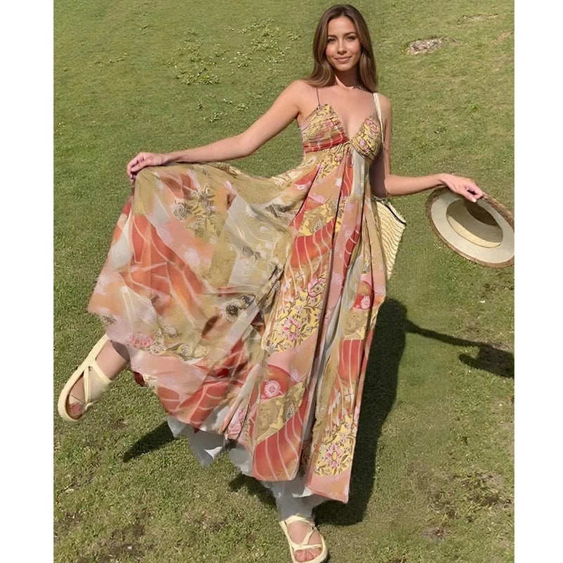 Women’s Boho Print Ruched Midi Dress