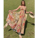 Vestido midi para mulher com estampado boho e franzido