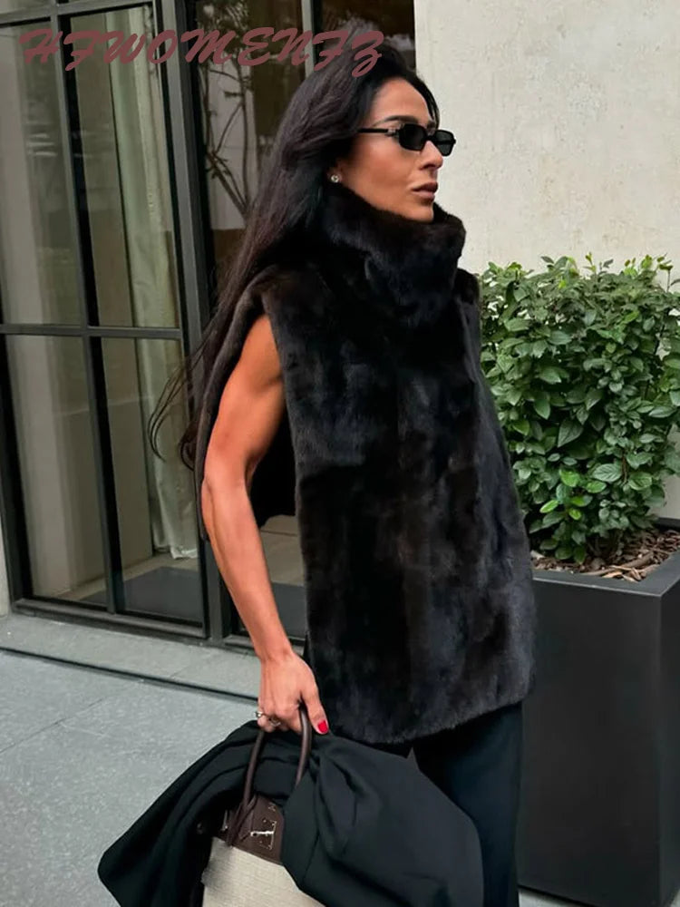 Faux Fur Sleeveless Women Waistcoat Furry High Collar Loose Lady Tank 2025 Autumn Winter All Match Solid Soft Warm Female Vest