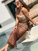 Vestido midi plissado tie-dye para mulher