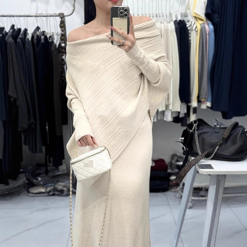 Knitted Sweater Set Women's Slim Fit Long Skirt Two Piece Fashionable Autumn Wear E12258