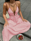 2026 Summer New Style Deep V-neck Striped Beach Dress, Sexy Backless Sleeveless Neckline Long Dress