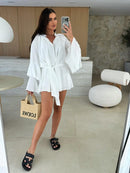 Vestido elegante para mulher com pregas, castanho, decote em V profundo, mangas compridas, modelo curto, moda feminina primavera/verão 2025, largo e elegante.