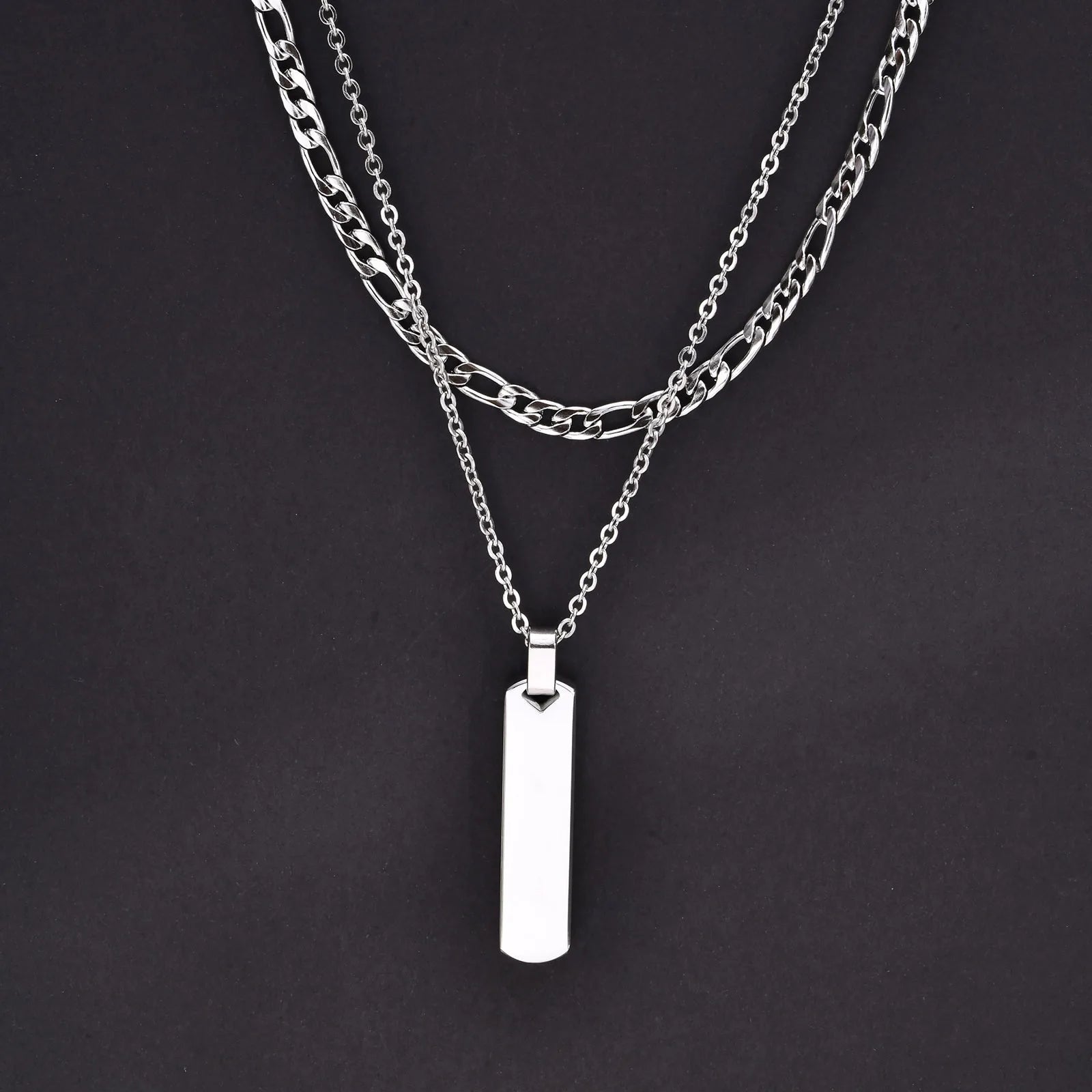 Men’s Necklace Set with Vertical Bar Pendant and Dual Stainless Steel Chains