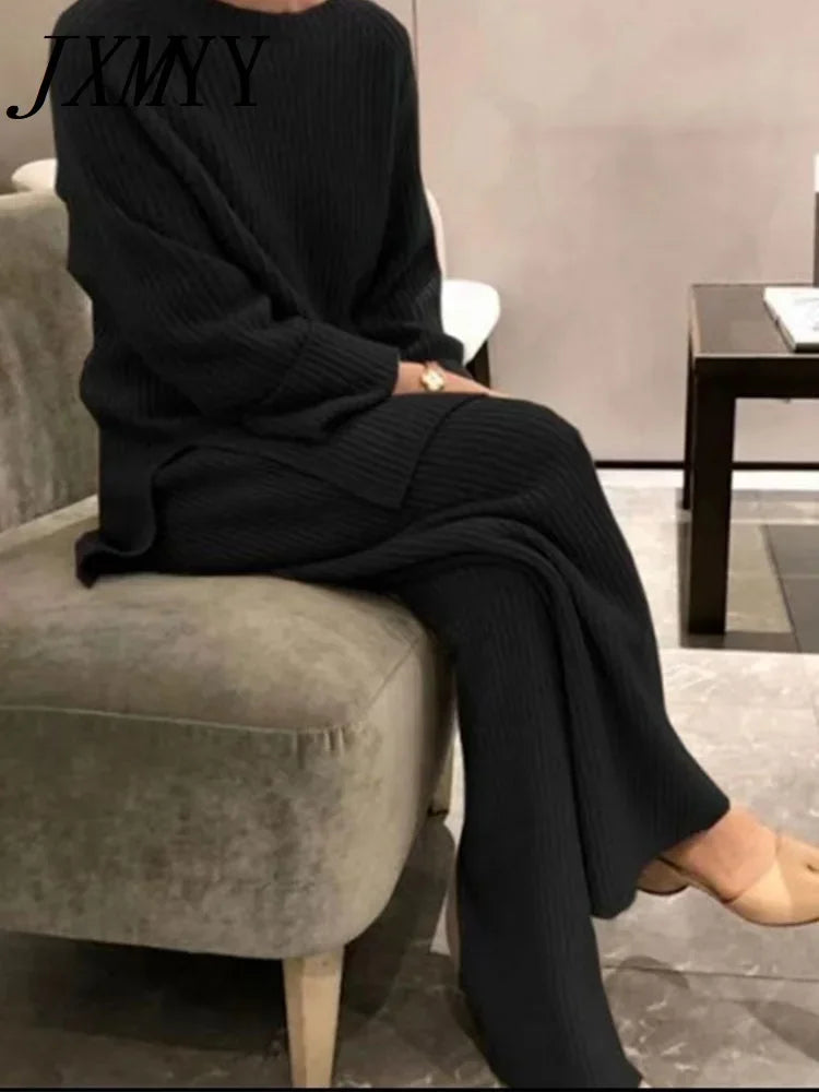 Version Of Fashion Casual Retro Winter Clothing New Warm Open Sweater Set Knit Wide Leg Pants Lazy Two-Piece Women's Suit Z290