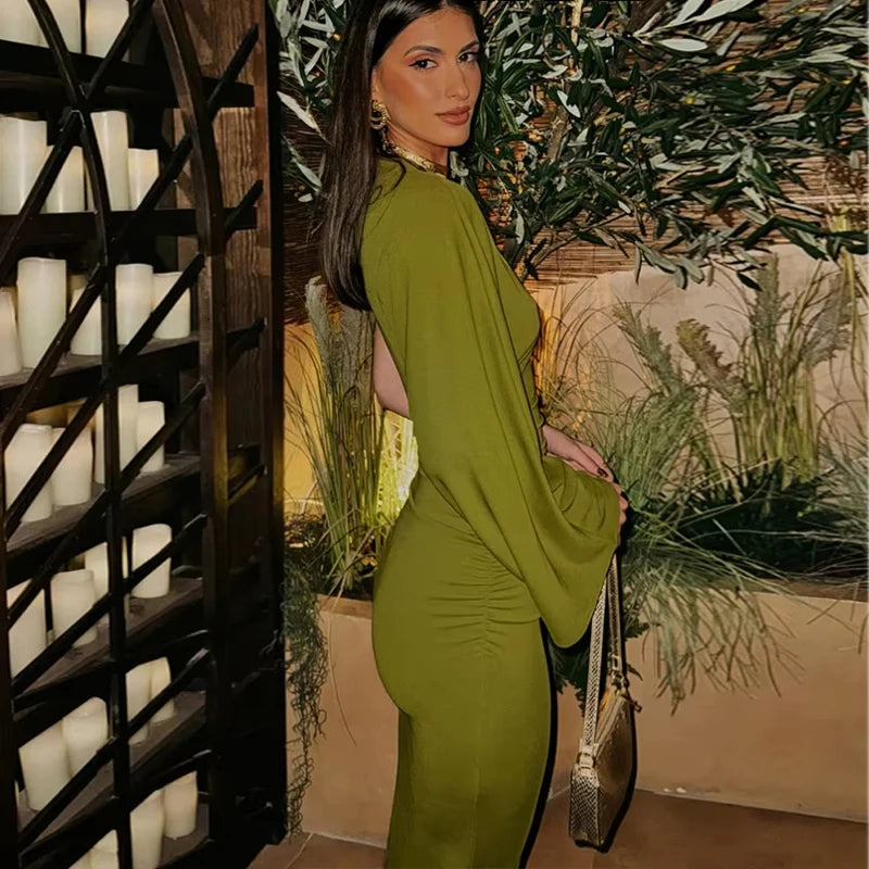 Green Asymmetric Midi Dress Elegant & Sexy One-Sleeve Style