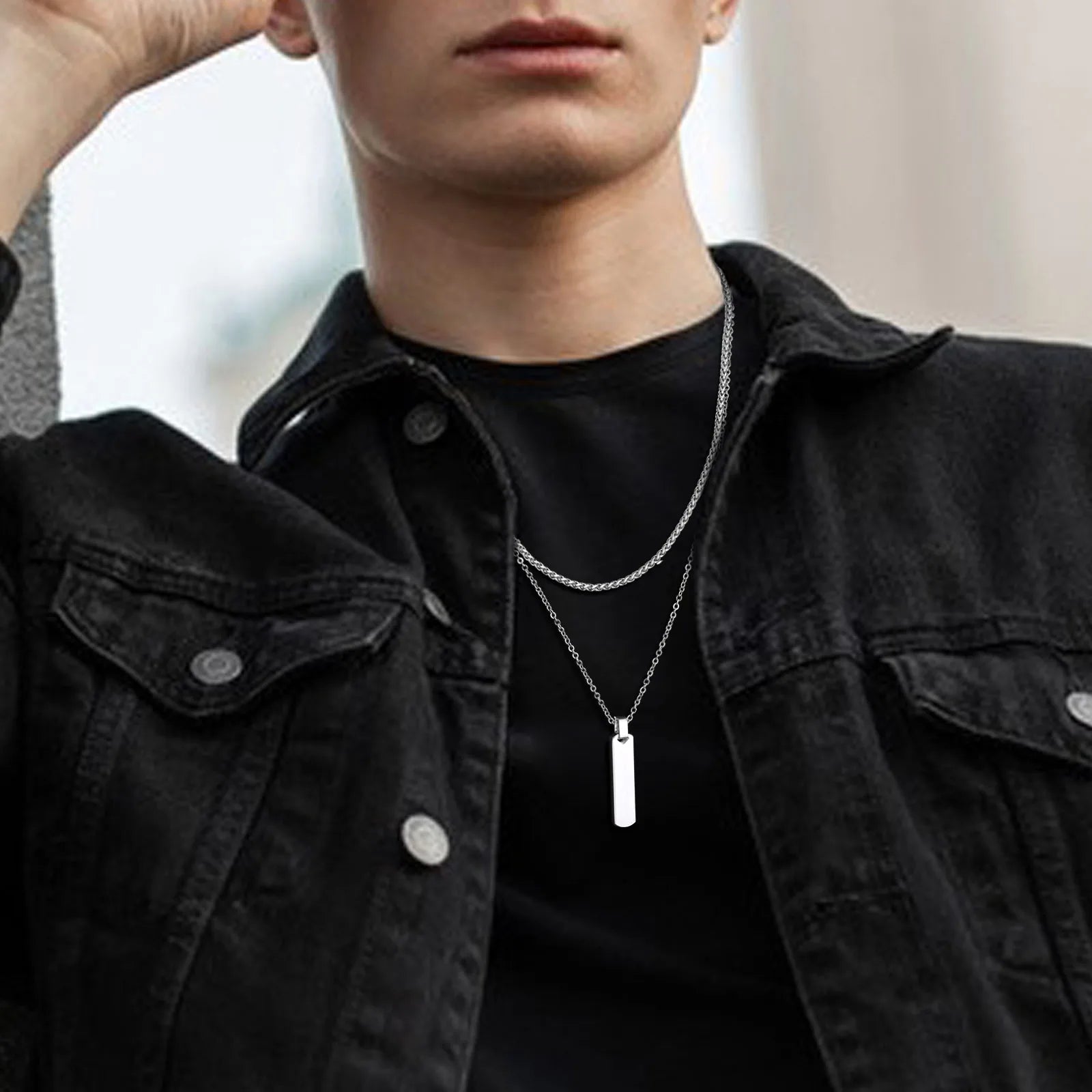 Men’s Necklace Set with Vertical Bar Pendant and Dual Stainless Steel Chains