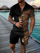 Conjunto de polo e calções desportivos de verão para homem com estampa patchwork