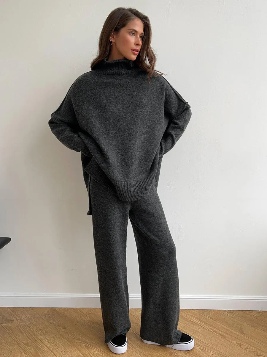 Women's Autumn and Winter New Fashion Relaxed Leisure Lazy Thick Knit Two-piece Set High Collar Slit Sweater + Long Pants Suit