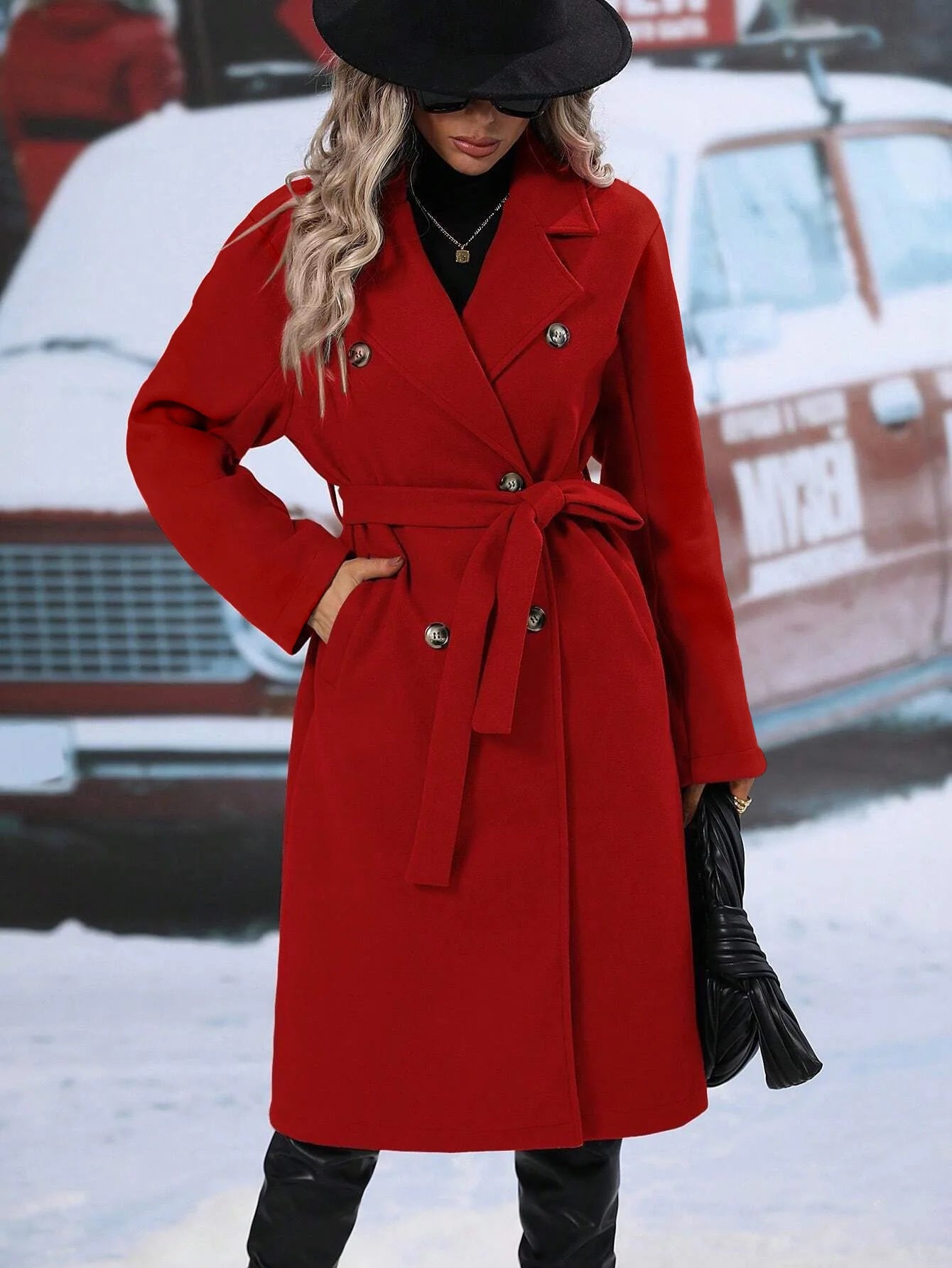Thickened Pure Color Notch Collar Double Breasted Belted Long Length Woolen Coat for Women Comfortable Casual Style Spring Au...