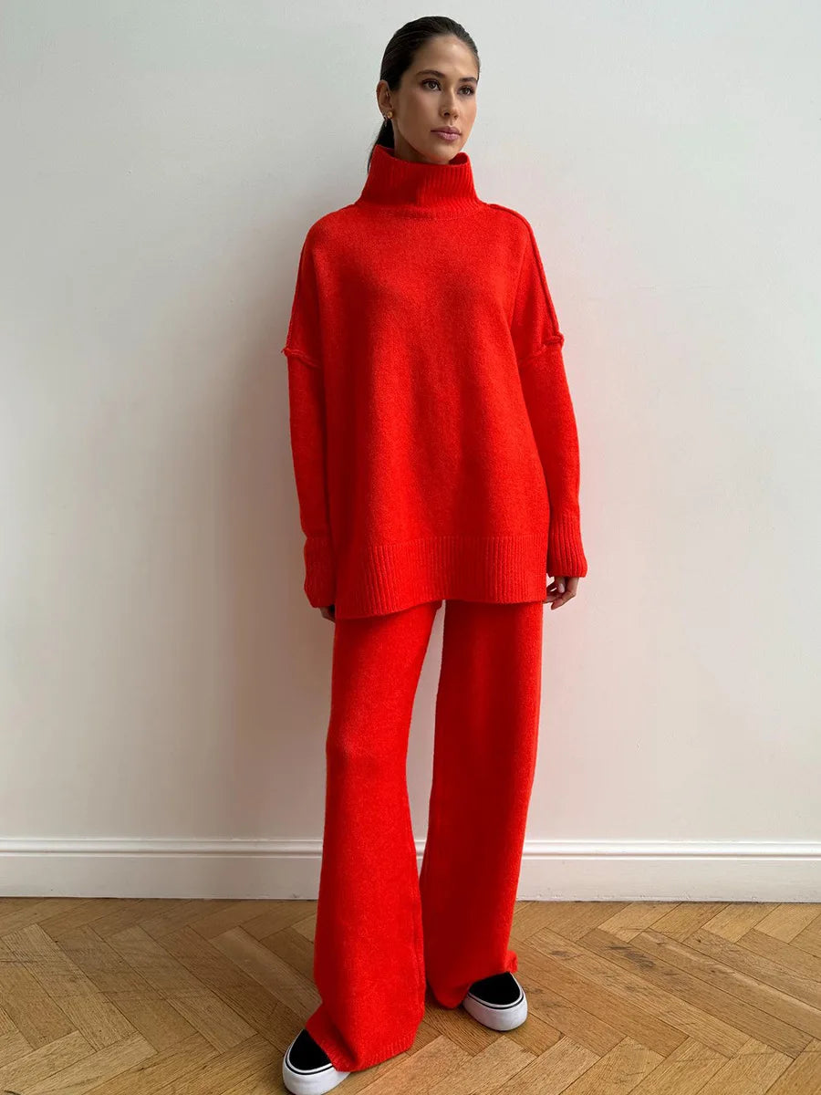 Women's Autumn and Winter New Fashion Relaxed Leisure Lazy Thick Knit Two-piece Set High Collar Slit Sweater + Long Pants Suit