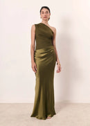 Vestido comprido de cetim com um ombro só, elegante e sensual, estilo bodycon, perfeito para as noites de verão.