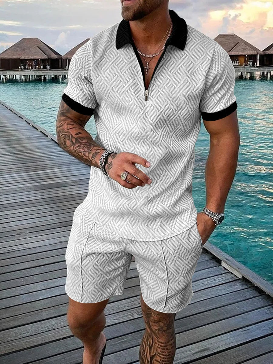 Men’s Summer Sports Patchwork Polo Shirt and Shorts Set