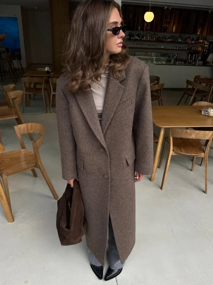 Brown Shoulder Pad Wool Blend Overcoat Women Elegant Lapel Single-breasted Long Sleeve Coat 2025 Autumn Lady Commuter Outerwear
