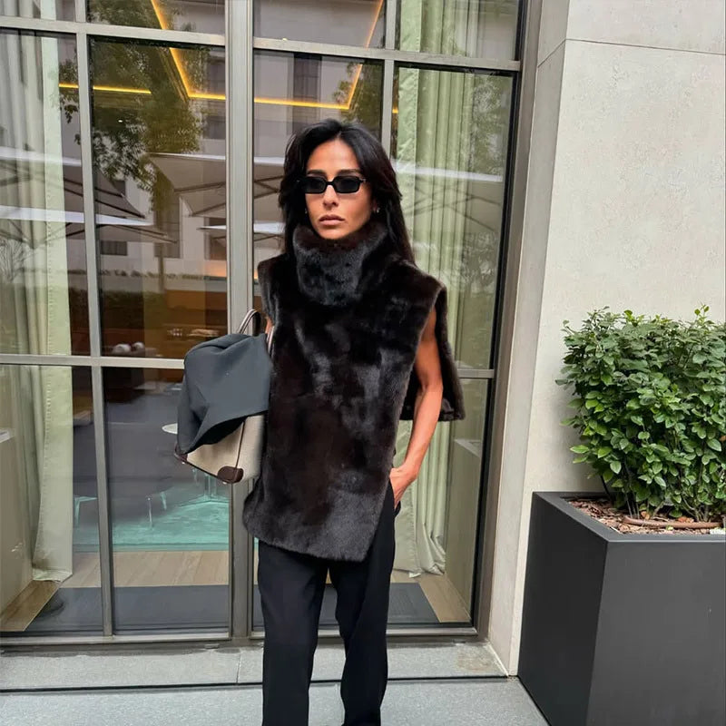 Faux Fur Sleeveless Women Waistcoat Furry High Collar Loose Lady Tank 2025 Autumn Winter All Match Solid Soft Warm Female Vest