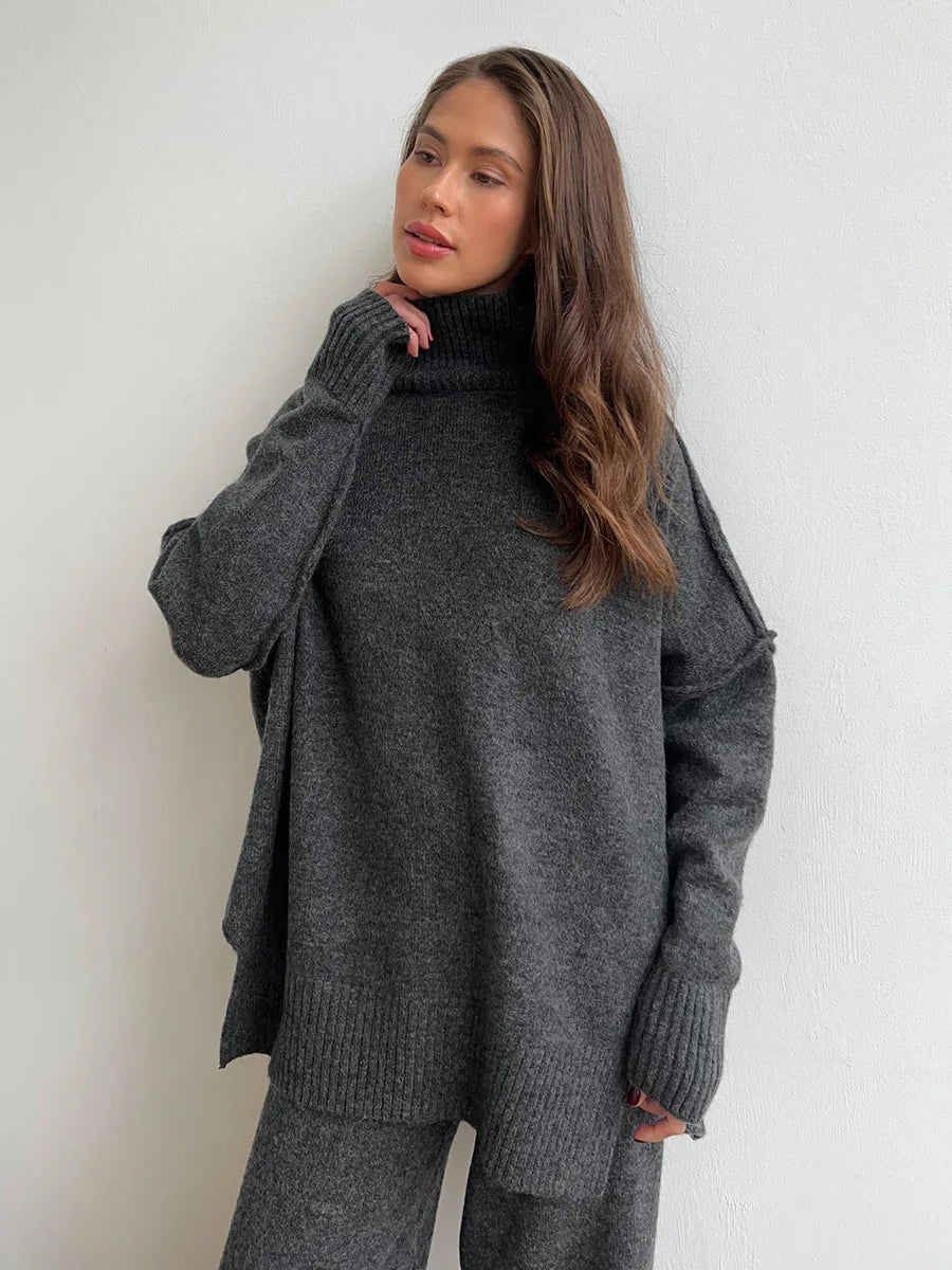 Women's Autumn and Winter New Fashion Relaxed Leisure Lazy Thick Knit Two-piece Set High Collar Slit Sweater + Long Pants Suit