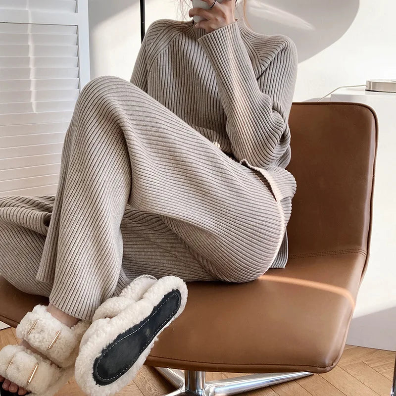 Version Of Fashion Casual Retro Winter Clothing New Warm Open Sweater Set Knit Wide Leg Pants Lazy Two-Piece Women's Suit Z290