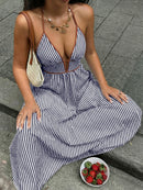 2026 Summer New Style Deep V-neck Striped Beach Dress, Sexy Backless Sleeveless Neckline Long Dress