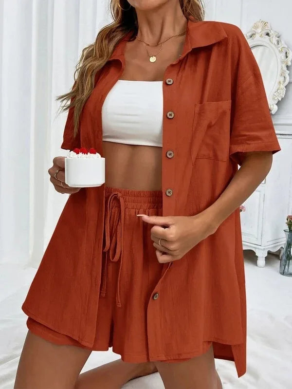 Women's Summer Chic Set – Long Sleeve Shirt + Wide-Leg Shorts