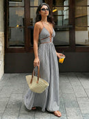 2026 Summer New Style Deep V-neck Striped Beach Dress, Sexy Backless Sleeveless Neckline Long Dress