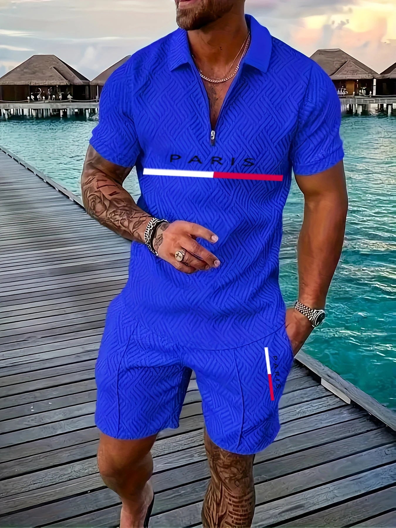 Luxury Men’s Casual Set with Short Sleeve Zip-Up Shirt