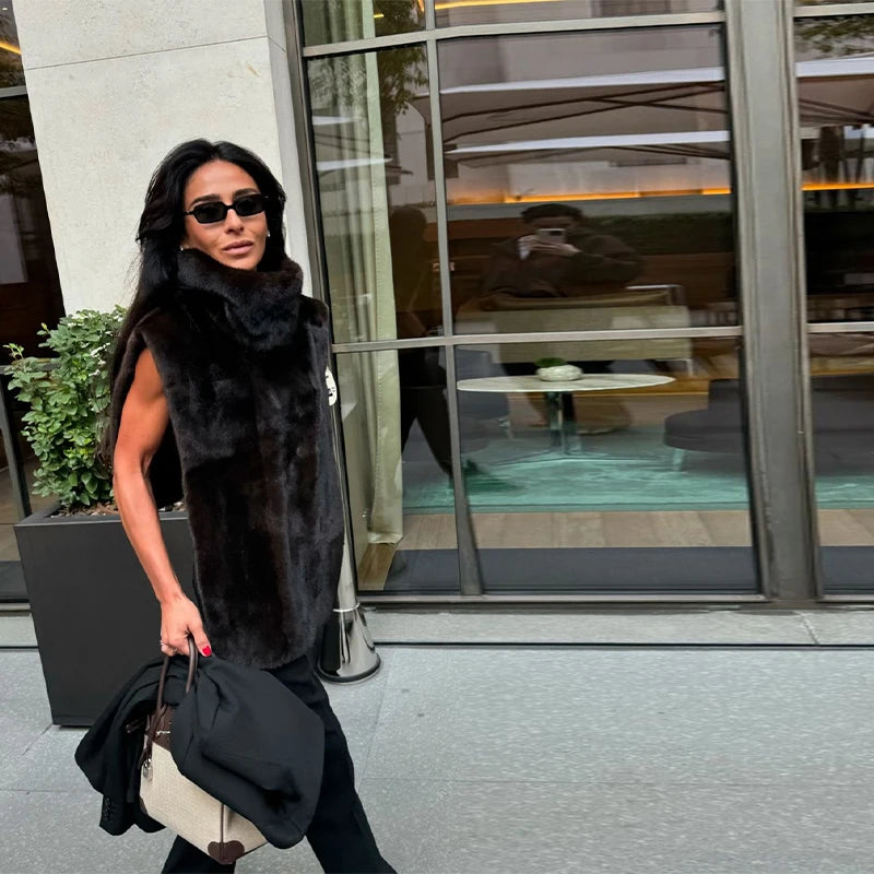 Faux Fur Sleeveless Women Waistcoat Furry High Collar Loose Lady Tank 2025 Autumn Winter All Match Solid Soft Warm Female Vest