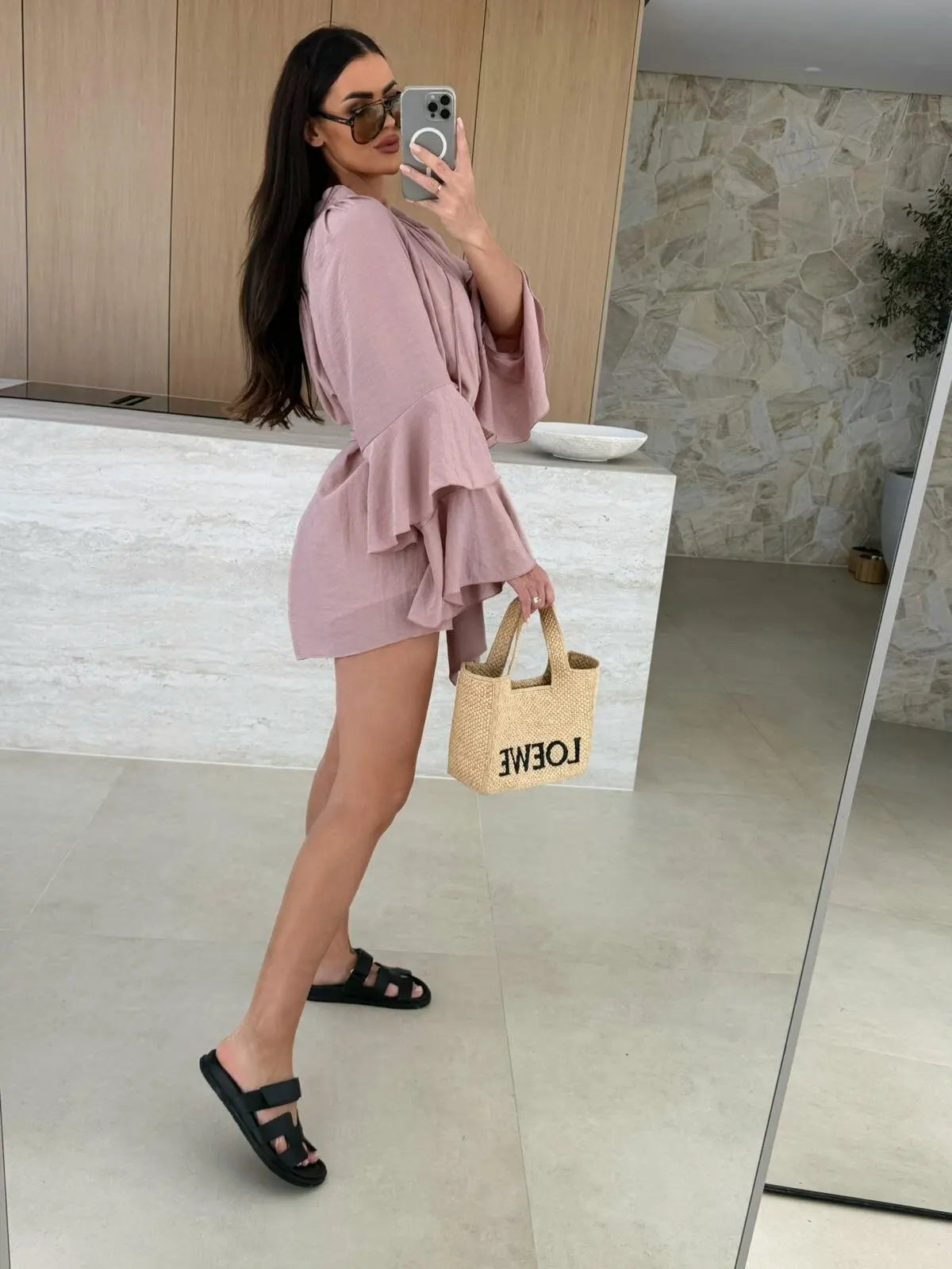 Elegant Fold Dress Women Brown Deep V-neck Long Sleeve Mini Dresses Female 2025 Spring Summer Fashion Loose Lady Vestidos
