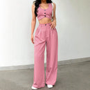 Conjunto de verão – Top cropped sem mangas com botões + Calças direitas de cintura subida 