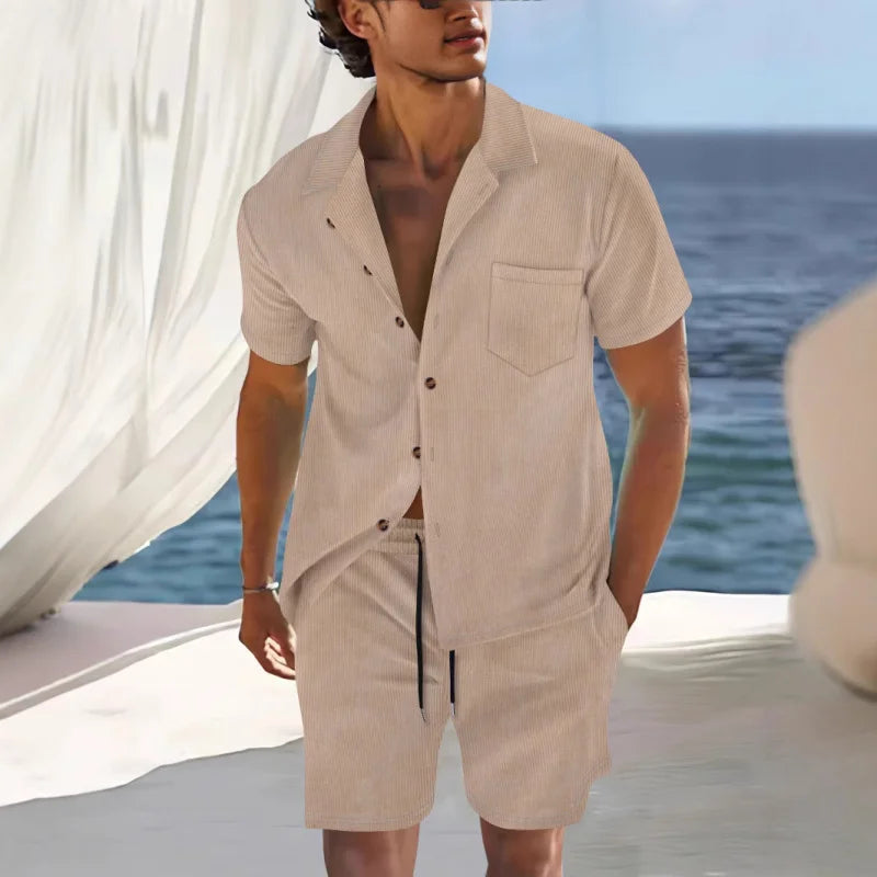 Men's Summer Thin Cuban Collar Short Sleeve Shirt Set with Shorts – Casual Sportswear
