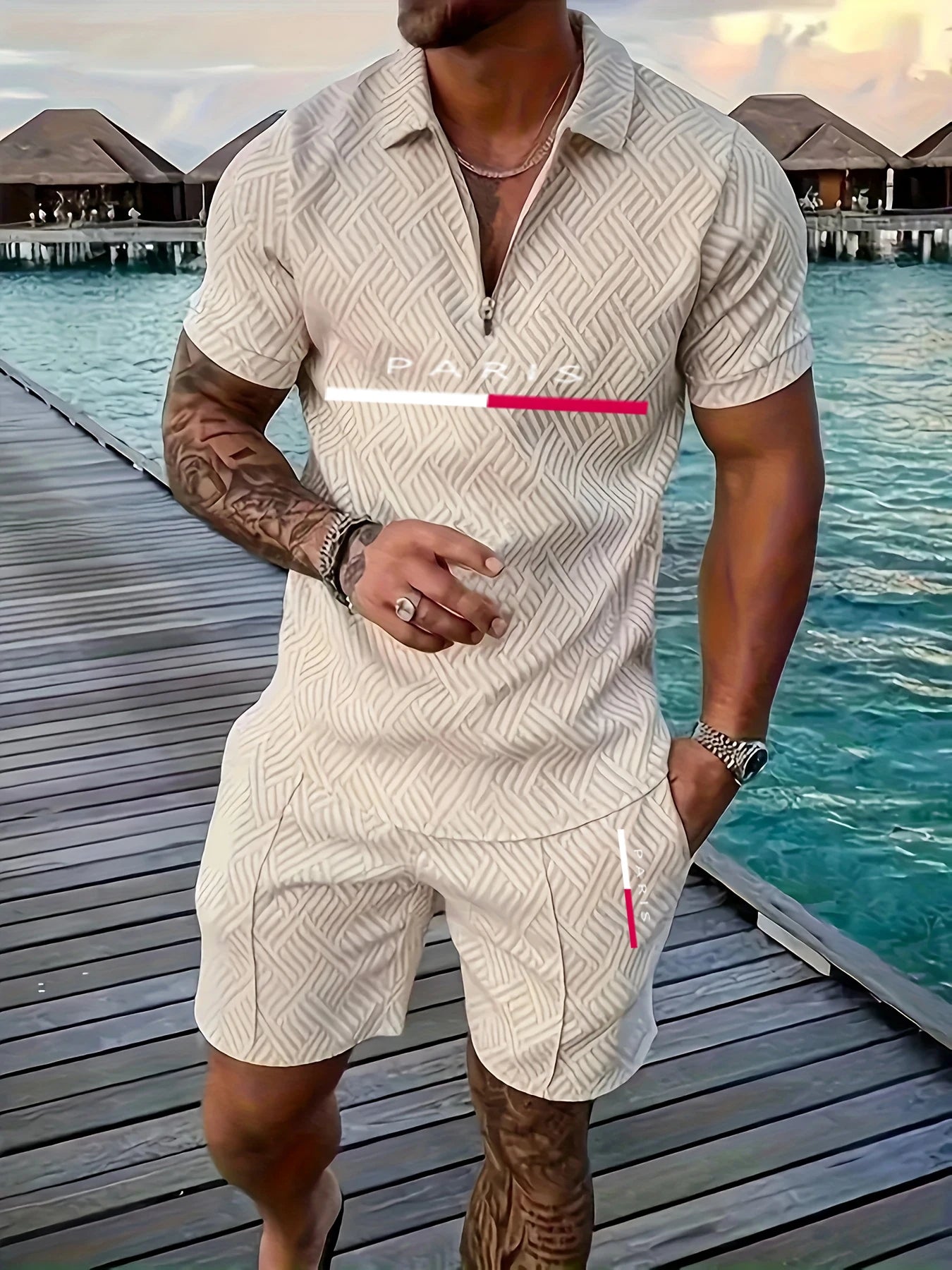 Luxury Men’s Casual Set with Short Sleeve Zip-Up Shirt