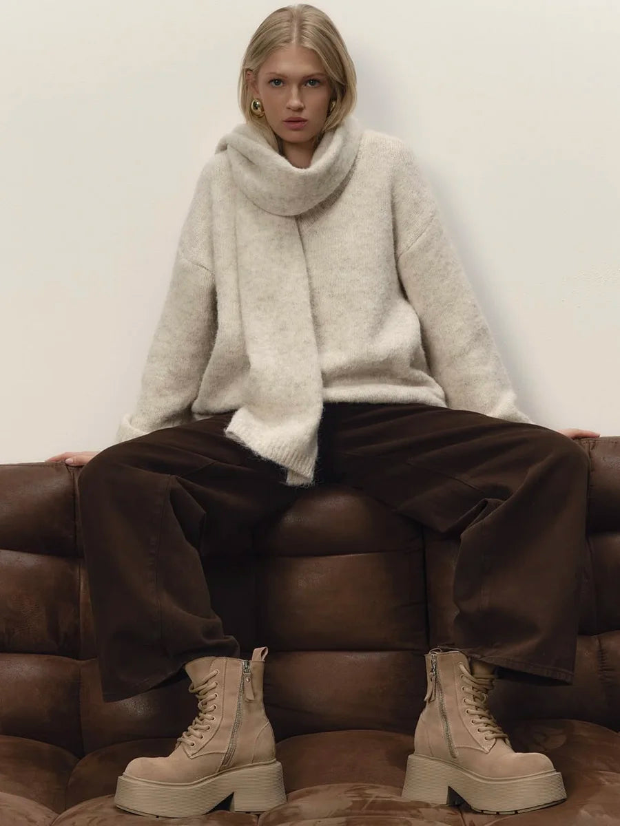 Hirsionsan 2025 New Soft Loose V Neck Knitted Sweaters Women Winter Solid Female Pullovers & Scarf Warm Basic Knitwear Jumper