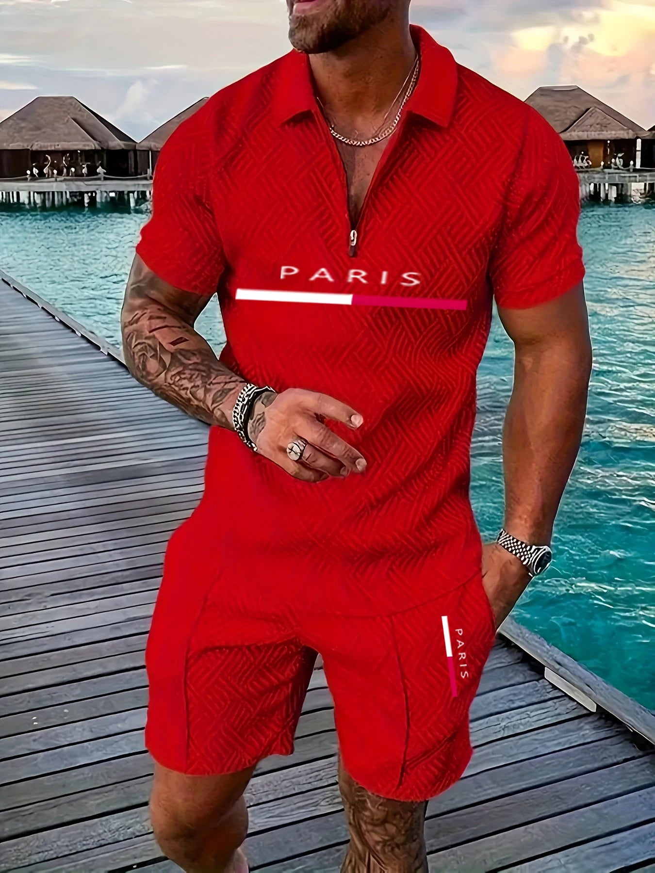 Luxury Men’s Casual Set with Short Sleeve Zip-Up Shirt