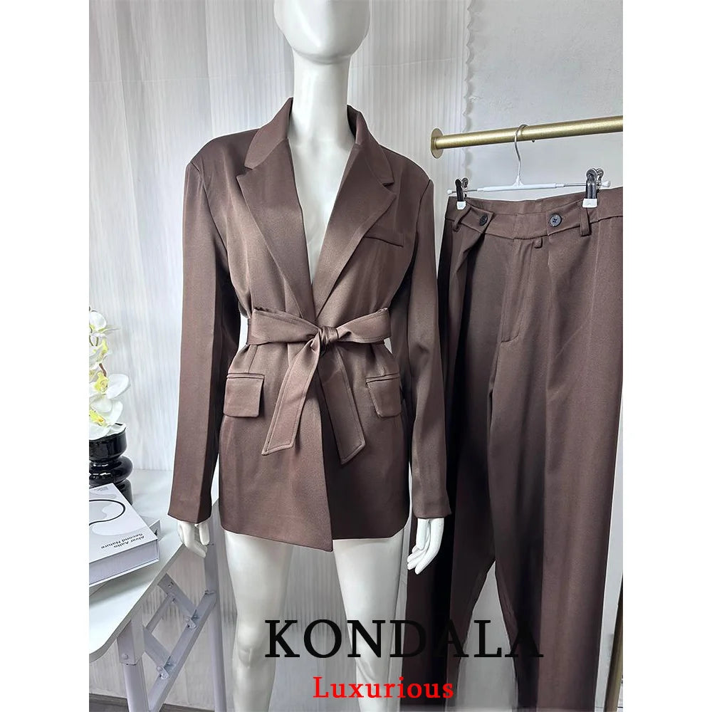 KONDALA Office Lady Casual Chic Solid Women Suit Single Button Sashes Loose Blazer Zipper Pants Fashion 2025 Autumn Winter Sets