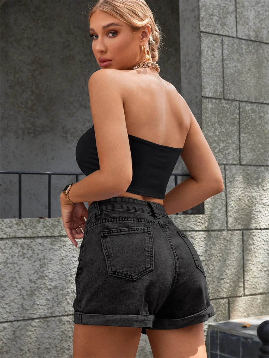 Zipper Fly Roll Up Hem Denim Shorts