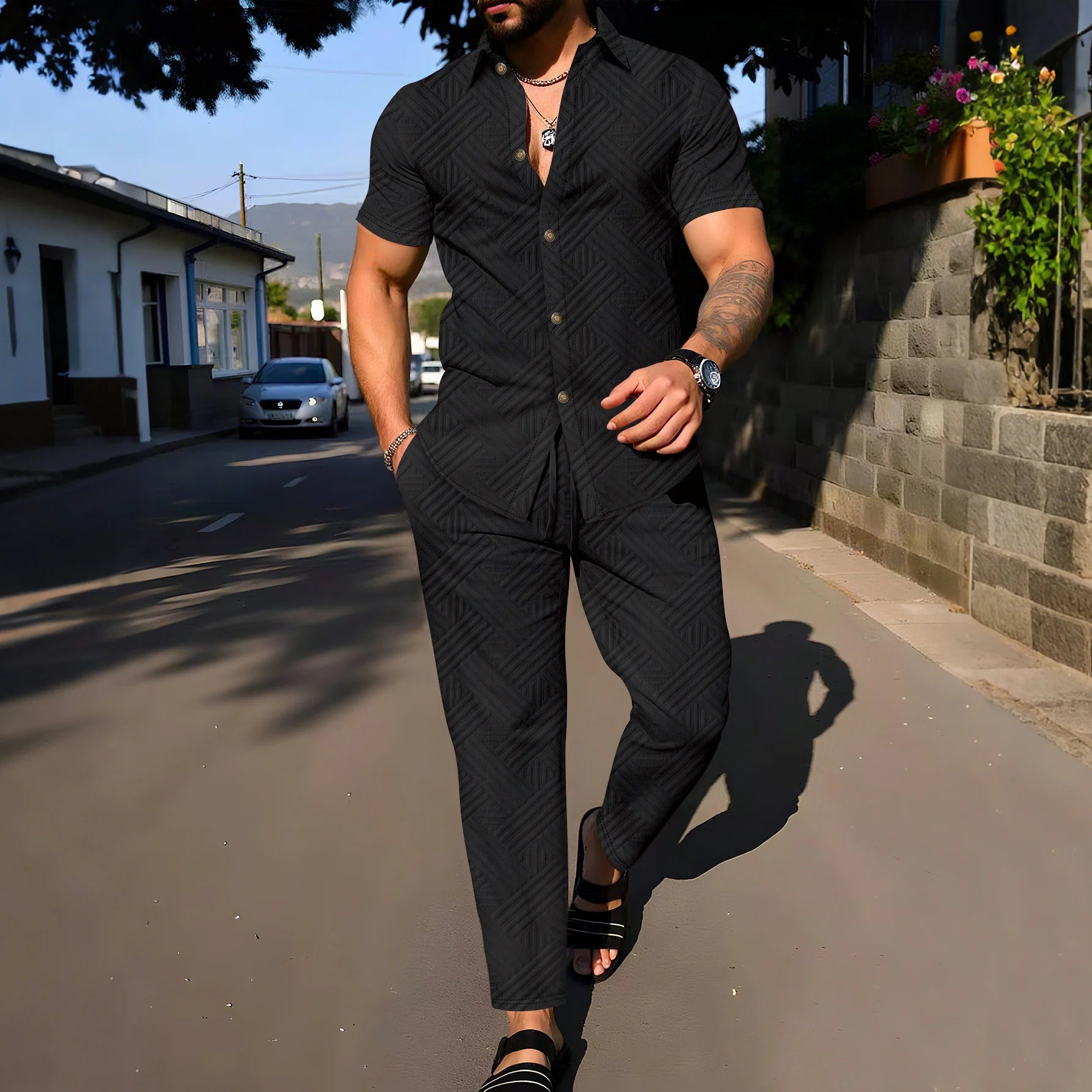 Men's Casual Long Pants Set – Short Sleeve Shirt for Spring and Autumn