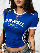 Art Aesthetic BRASIL Letter Print Crop Top For Womens Vintage Street Sexy Short Sleeve Tees Students Summer Crop Top Y2k Clothes