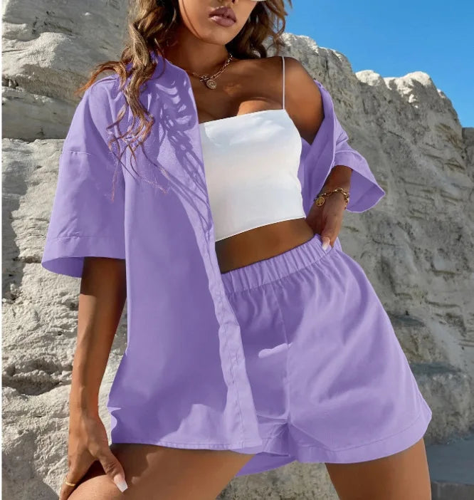 Women's Summer Chic Set – Long Sleeve Shirt + Wide-Leg Shorts