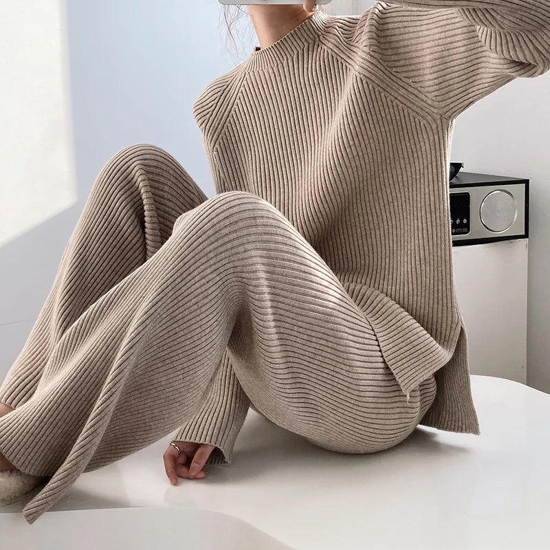 Version Of Fashion Casual Retro Winter Clothing New Warm Open Sweater Set Knit Wide Leg Pants Lazy Two-Piece Women's Suit Z290